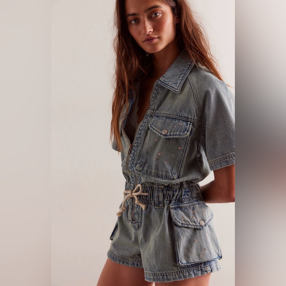 Free People We The Free Cotton Denim Drawstring Shortall NWT🔖